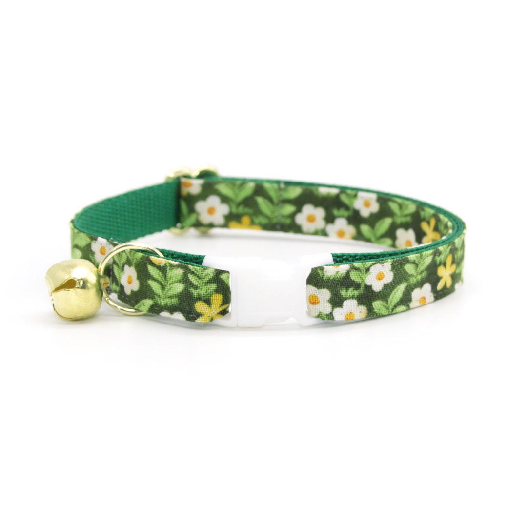 Cat Collar + Flower Set - "Hazel" - Green Floral Cat Collar w/ Yellow Felt Flower (Detachable)