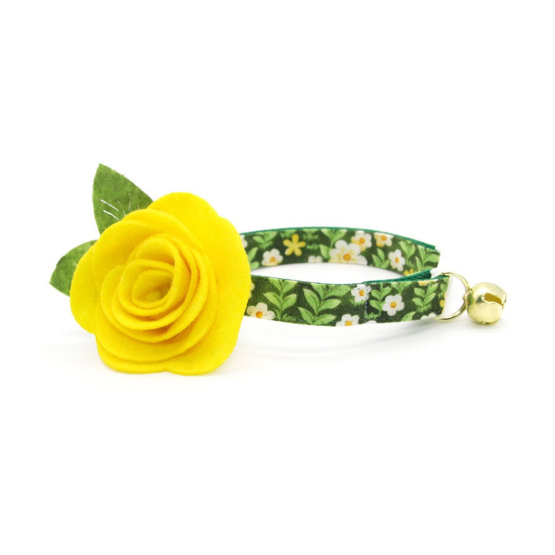 Cat Collar + Flower Set - "Hazel" - Green Floral Cat Collar w/ Yellow Felt Flower (Detachable)