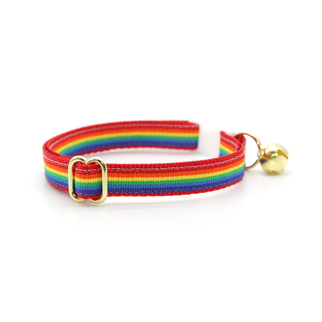 Cat Collar + Flower Set - "Retro Rainbow" - Rainbow Cat Collar w/ Red Felt Flower (Detachable)