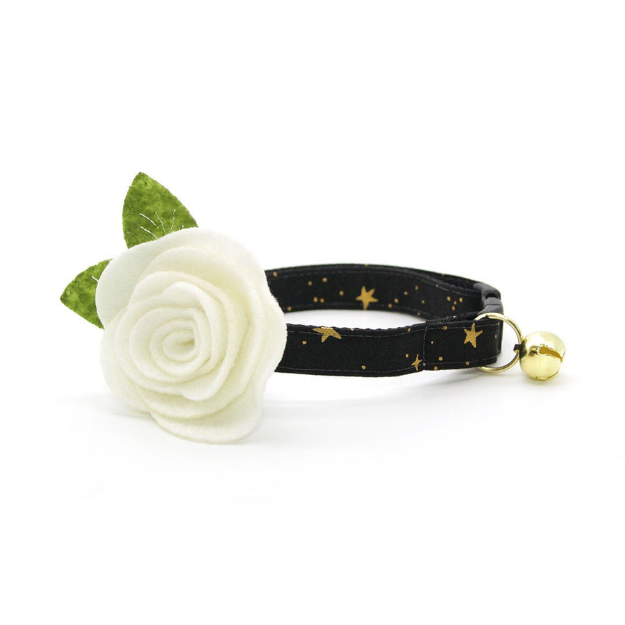 Rifle Paper Co® Cat Collar + Flower Set - "Noir" - Black & Gold Star Pet Collar w/ Ivory Felt Flower (Detachable)