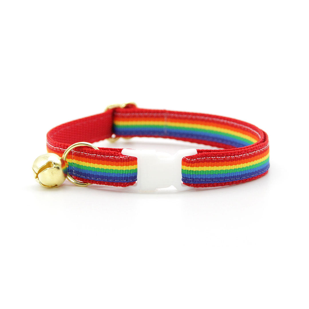 Cat Collar + Flower Set - "Retro Rainbow" - Rainbow Cat Collar w/ Red Felt Flower (Detachable)