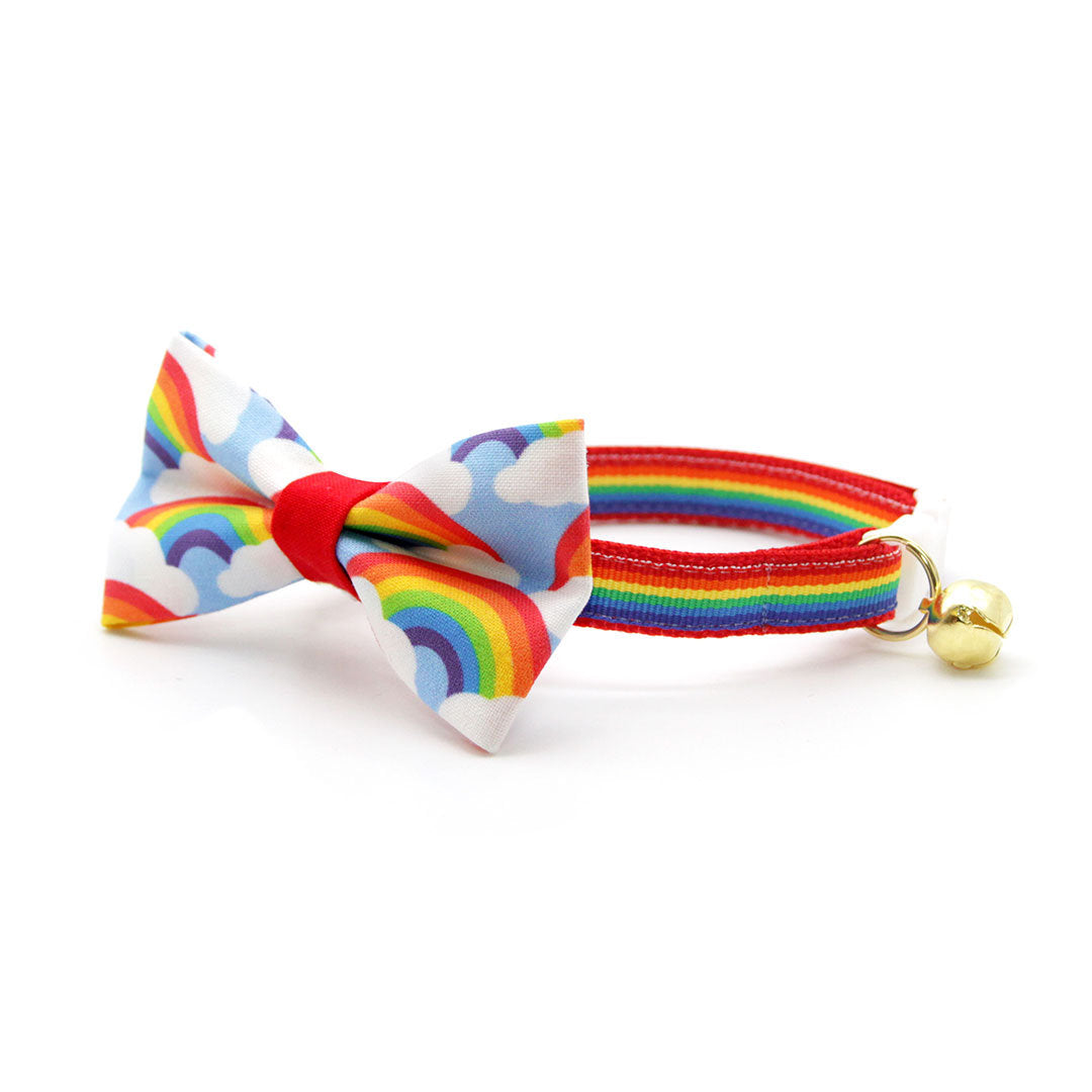 Cat Collar + Flower Set - "Retro Rainbow" - Rainbow Cat Collar w/ Red Felt Flower (Detachable)