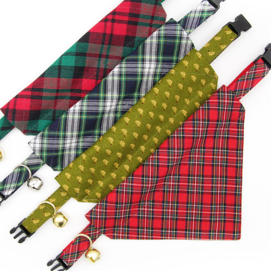 Pet Bandana - "Fireside" - Red & Green Christmas Plaid Bandana for Cat + Small Dog / Holiday / Slide-on Bandana / Over-the-Collar (One Size)