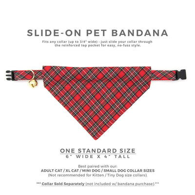 Pet Bandana - "Hearthside" - Classic Red Tartan Plaid Bandana for Cat + Small Dog / Holiday, Christmas / Slide-on Bandana / Over-the-Collar (One Size)