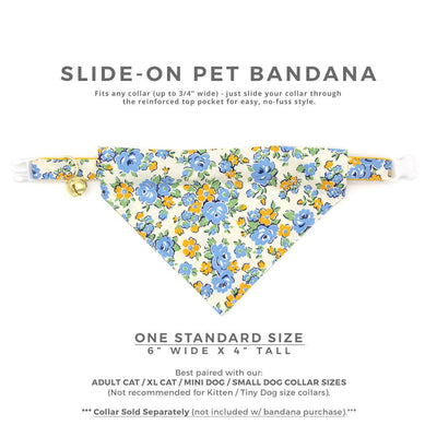 Pet Bandana - "Camilla" - Blue & Yellow Floral Bandana for Cat + Small Dog / Slide-on Bandana / Over-the-Collar (One Size)