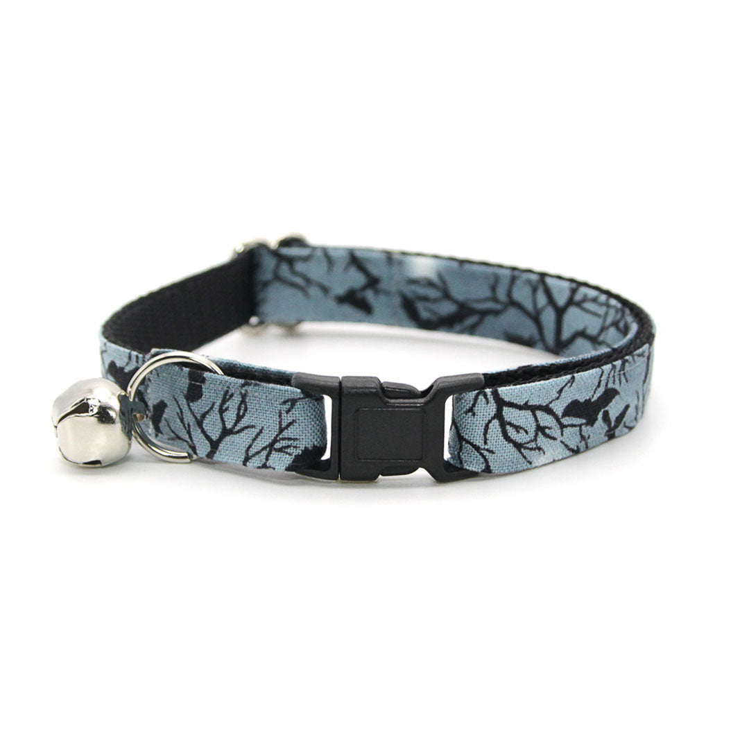 Halloween Cat Collar + Flower Set - "Witching Hour" - Midnight Gray Bat Cat Collar w/ Plum Felt Flower (Detachable)