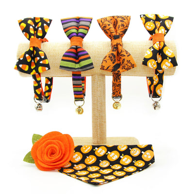 Halloween Cat Collar + Flower Set - "Trick or Treat" - Candy Corn Cat Collar w/ Orange Felt Flower (Detachable)