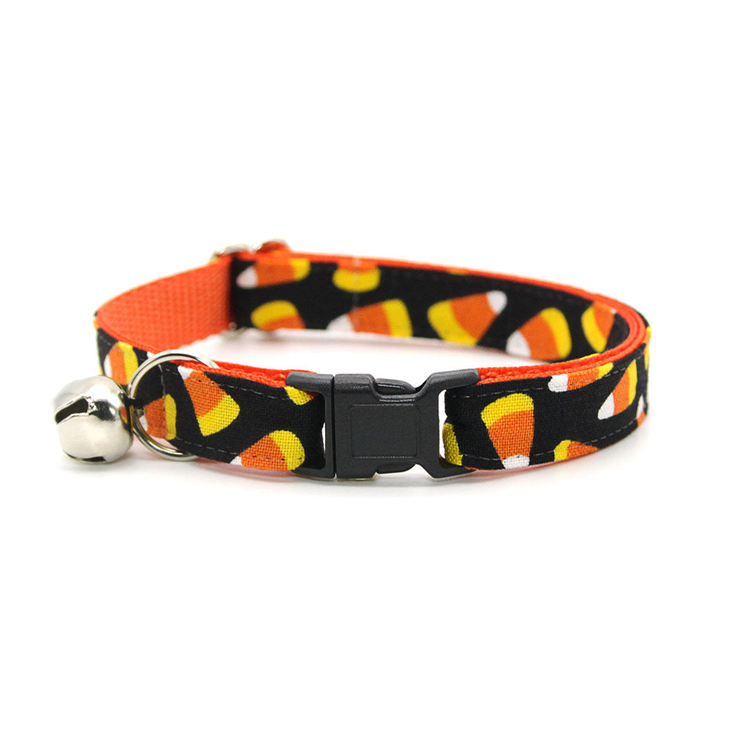 Halloween Cat Collar + Flower Set - "Trick or Treat" - Candy Corn Cat Collar w/ Orange Felt Flower (Detachable)