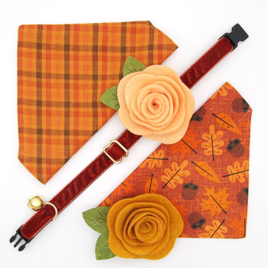 Cat Collar + Flower Set - "Velvet - Mahogany" - Russet Brown Velvet Cat Collar w/ Peach Felt Flower (Detachable)