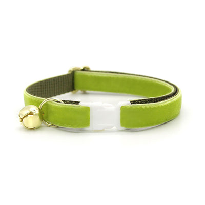 Cat Collar + Flower Set - "Velvet - Apple Green" - Velvet Cat Collar w/ Leaf Green Felt Flower (Detachable)