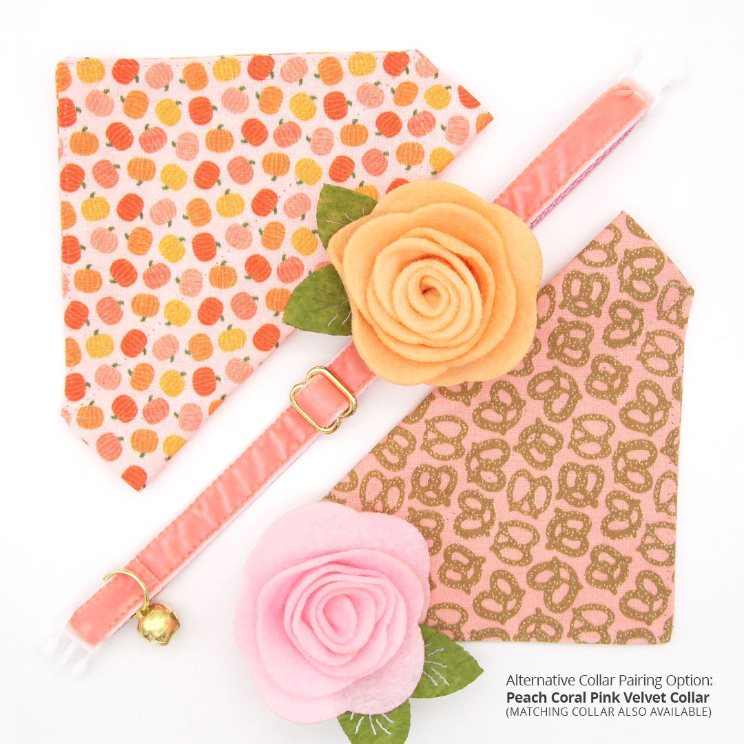 Fall Pet Bandana - "Peachy Pumpkins" - Peach & Orange Pumpkin Bandana for Cat + Small Dog / Thanksgiving / Slide-on Bandana / Over-the-Collar (One Size)