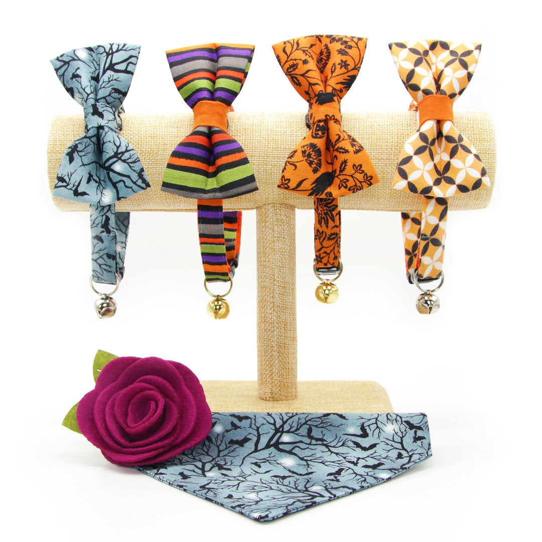 Halloween Pet Bow Tie - "Witching Hour" - Midnight Gray Bats Bow Tie for Cat / For Cats + Small Dogs (One Size)