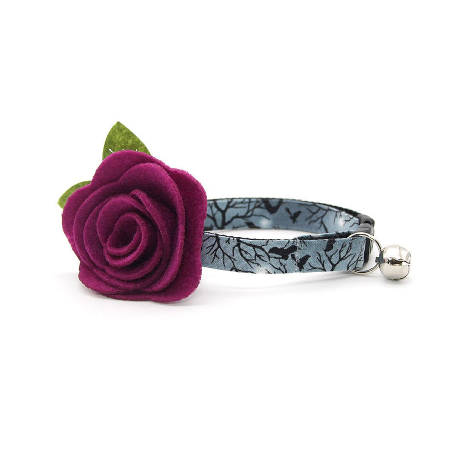 Halloween Cat Collar + Flower Set - "Witching Hour" - Midnight Gray Bat Cat Collar w/ Plum Felt Flower (Detachable)