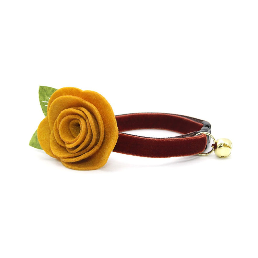 Cat Collar + Flower Set - "Velvet - Mahogany" - Russet Brown Velvet Cat Collar w/ Mustard Felt Flower (Detachable)
