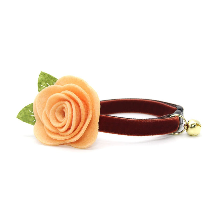 Cat Collar + Flower Set - "Velvet - Mahogany" - Russet Brown Velvet Cat Collar w/ Peach Felt Flower (Detachable)