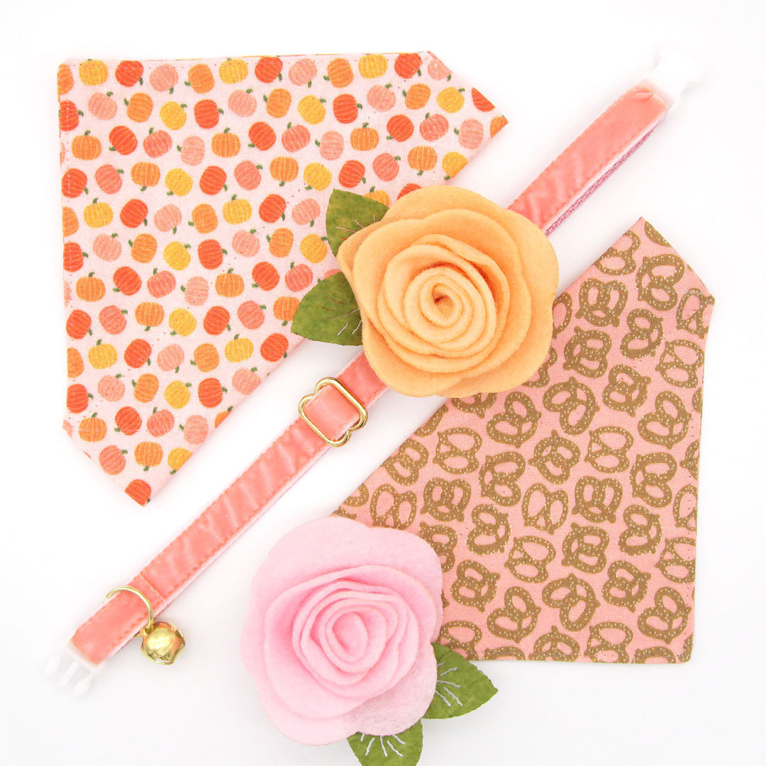 Cat Collar + Flower Set - "Velvet - Peach Coral Pink" - Velvet Cat Collar w/ Baby Pink Felt Flower (Detachable)