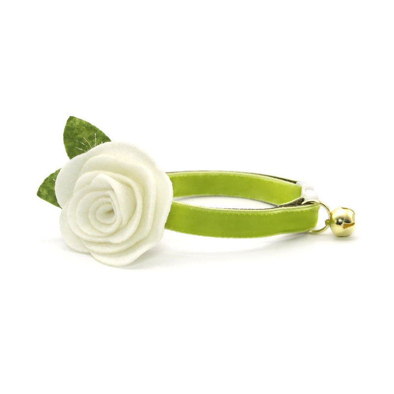 Cat Collar + Flower Set - "Velvet - Apple Green" - Velvet Cat Collar w/ Ivory Felt Flower (Detachable)