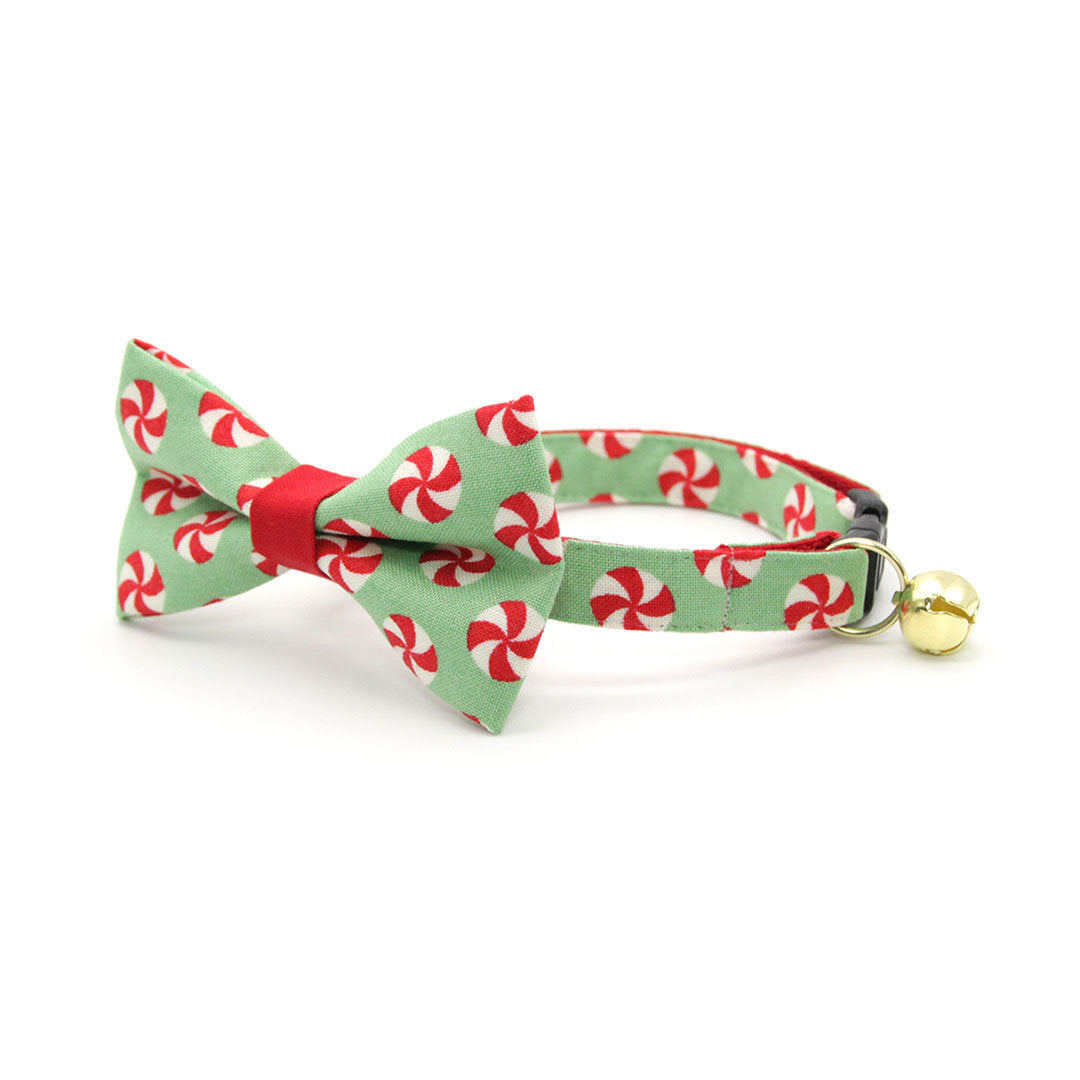 Bow Tie Cat Collar Set - "Peppermint Twist" - Red & Green Holiday Cat Collar w/ Matching Bowtie (Removable)