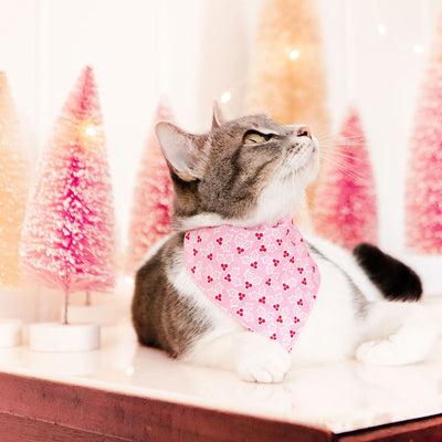 Pet Bandana - "Holly Pink" - Christmas Holly Berry Bandana for Cat + Small Dog / Holiday / Slide-on Bandana / Over-the-Collar (One Size)