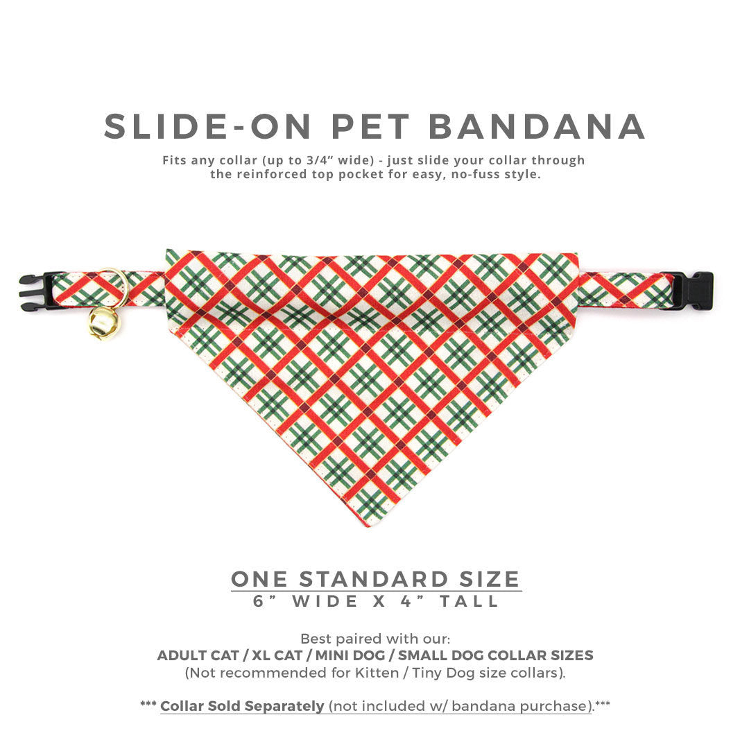 Pet Bandana - "Holiday Road" - Red & Green Plaid Bandana for Cat + Small Dog / Christmas / Slide-on Bandana / Over-the-Collar (One Size)