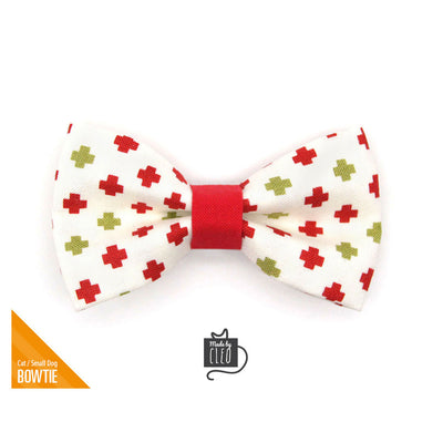 Holiday Pet Bow Tie - "Swiss Cross Christmas" - Red & Green Holiday Bowtie for Pet Collar / For Cats + Small Dogs / Removable (One Size)