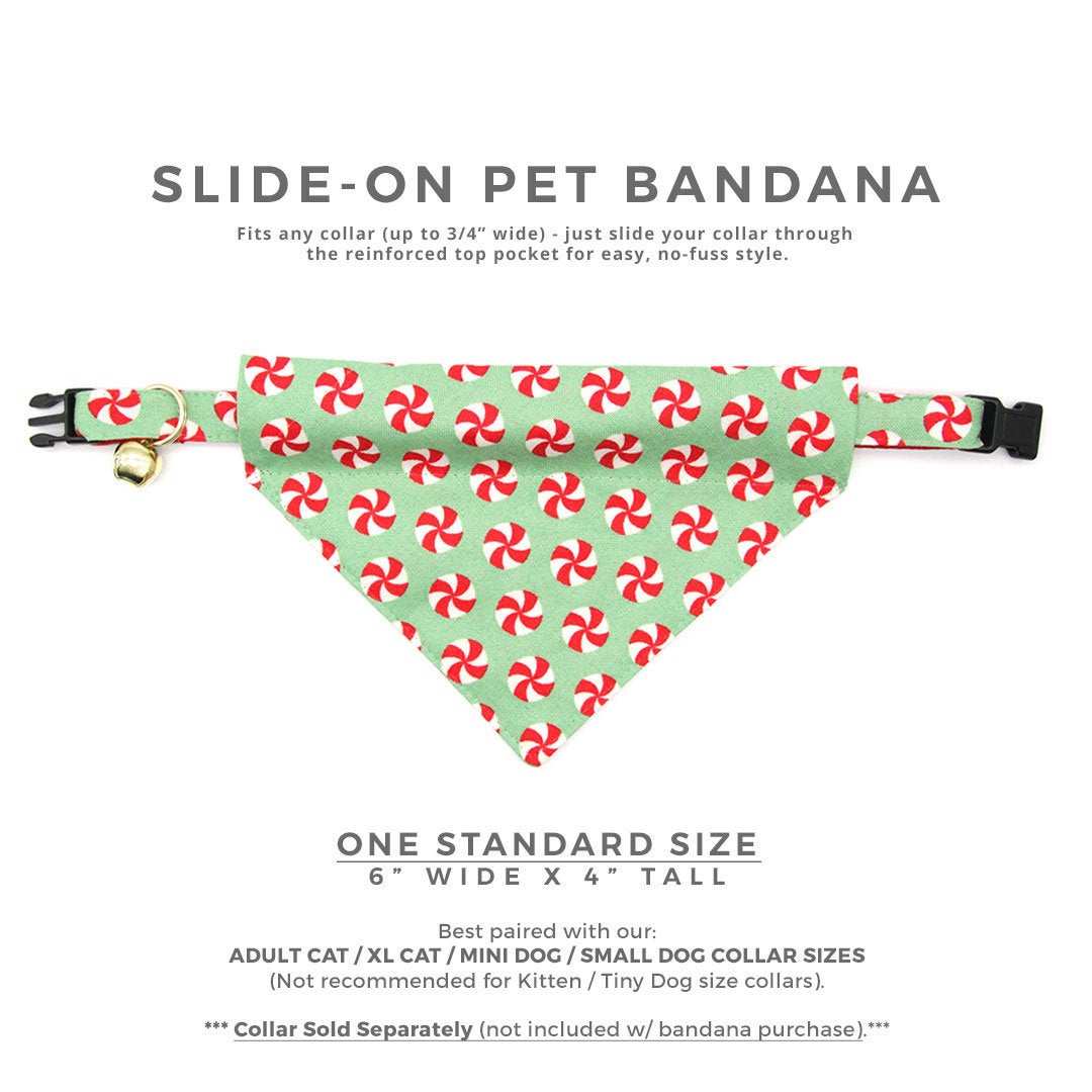 Pet Bandana - "Peppermint Twist" - Red & Green Christmas Candy for Cat + Small Dog / Holiday / Slide-on Bandana / Over-the-Collar (One Size)