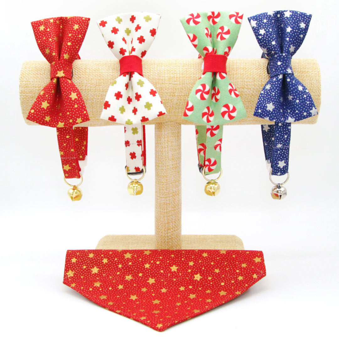 Pet Bandana - "Swiss Cross Christmas" - Red & Green Bandana for Cat + Small Dog / Holiday / Slide-on Bandana / Over-the-Collar (One Size)