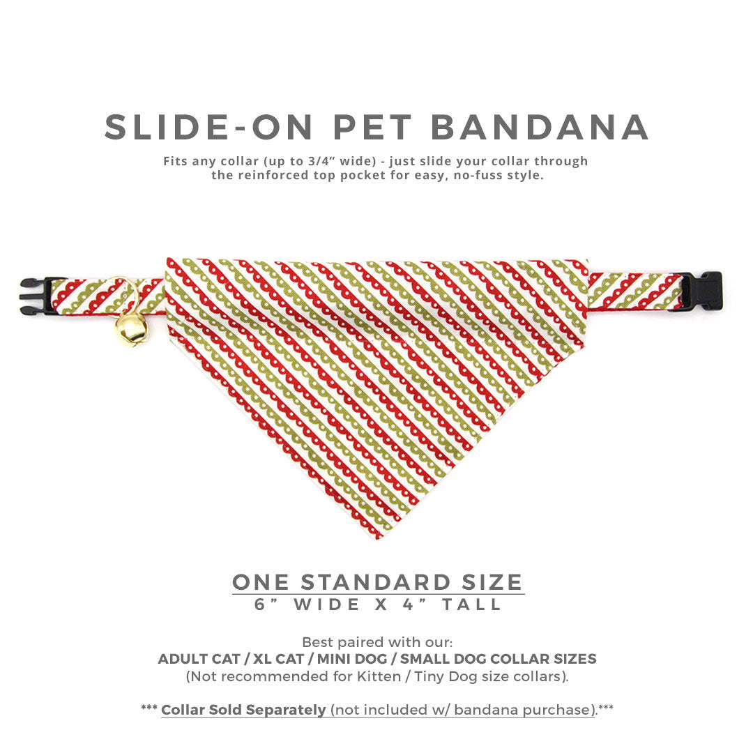 Pet Bandana - "Victorian Holiday" - Red & Green Bandana for Cat + Small Dog / Slide-on Bandana / Over-the-Collar (One Size)