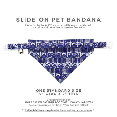 Pet Bandana - "Happy Hanukkah" - Blue & Silver Menorah Bandana for Cat + Small Dog / Slide-on Bandana / Over-the-Collar (One Size)