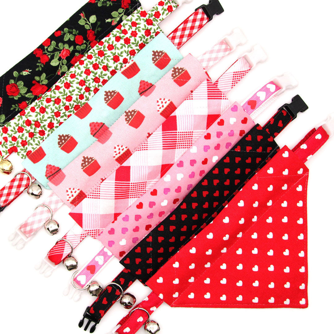 Pet Bandana - "Darling" - Fuchsia Pink Heart Bandana for Cat + Small Dog / Valentine's Day Cat Bandana / Slide-on Bandana / Over-the-Collar (One Size)