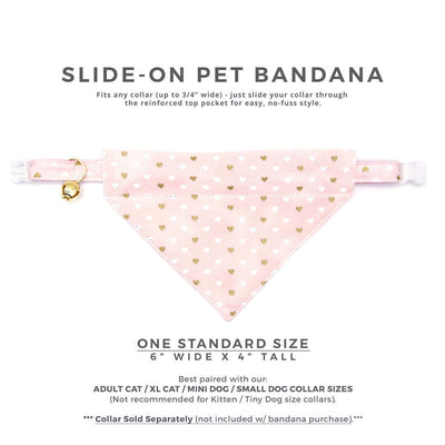Pet Bandana - "Devotion Pink" - Light Pink & Gold Heart Bandana for Cat + Small Dog / Valentine's Day Cat Bandana / Slide-on Bandana / Over-the-Collar (One Size)