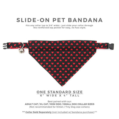 Pet Bandana - "Secret Admirer" - Black & Red Heart Bandana for Cat + Small Dog / Valentine's Day Cat Bandana / Slide-on Bandana / Over-the-Collar (One Size)