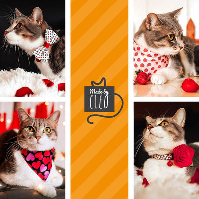 Bow Tie Cat Collar Set - "Darling" - Fuchsia Pink Heart Cat Collar w/ Matching Bowtie / Valentine's Day / Cat, Kitten, Small Dog Sizes