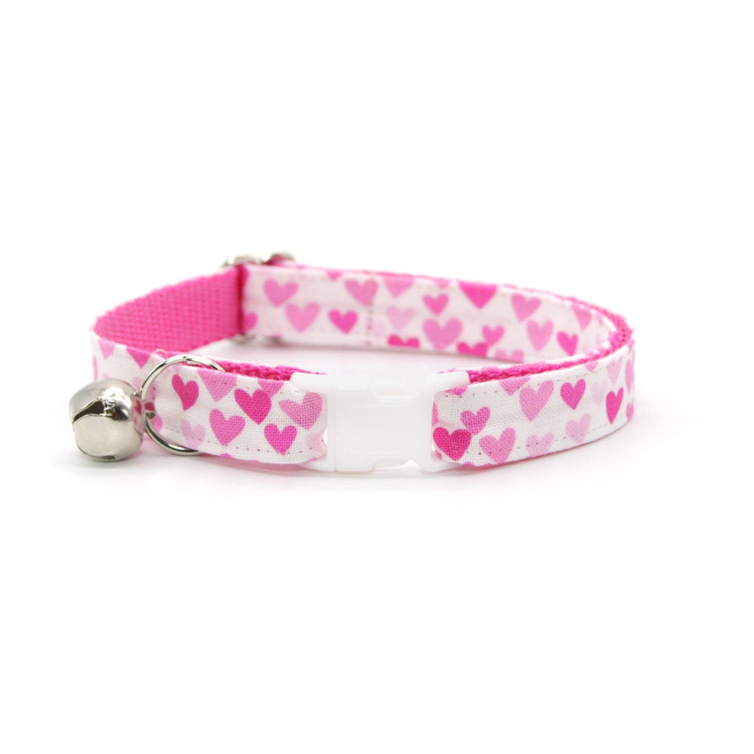 Cat Collar + Flower Set - "Darling" - Pink Heart Cat Collar w/ Fuchsia Pink Felt Flower (Detachable) / Valentine's Day