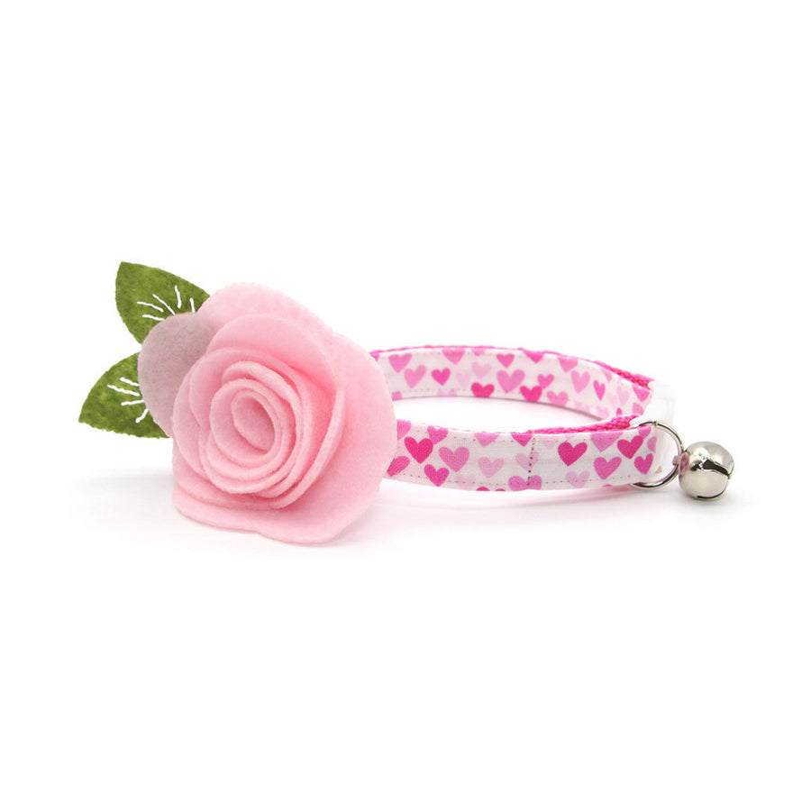 Cat Collar + Flower Set - "Darling" - Pink Heart Cat Collar w/ Baby Pink Felt Flower (Detachable) / Valentine's Day