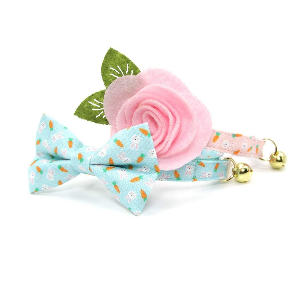 Cat Collar + Flower Set - "Bunnies & Carrots Pink" - Light Pink Bunny Cat Collar w/ Baby Pink Felt Flower (Detachable)
