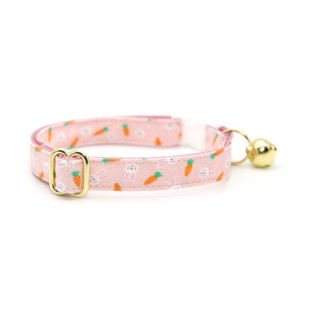 Cat Collar + Flower Set - "Bunnies & Carrots Pink" - Light Pink Bunny Cat Collar w/ Baby Pink Felt Flower (Detachable)