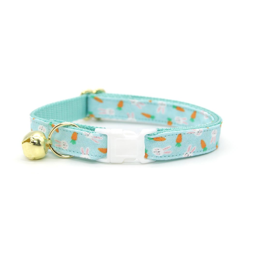 Cat Collar + Flower Set - "Bunnies & Carrots Blue" - Light Aqua Bunny Cat Collar w/ Mint Felt Flower (Detachable)