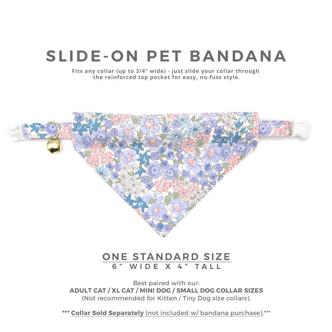 Pet Bandana - "Willow" - Light Pink, Blue & Purple Floral Bandana for Cat Collar or Small Dog Collar / Slide-on Bandana / Over-the-Collar (One Size)
