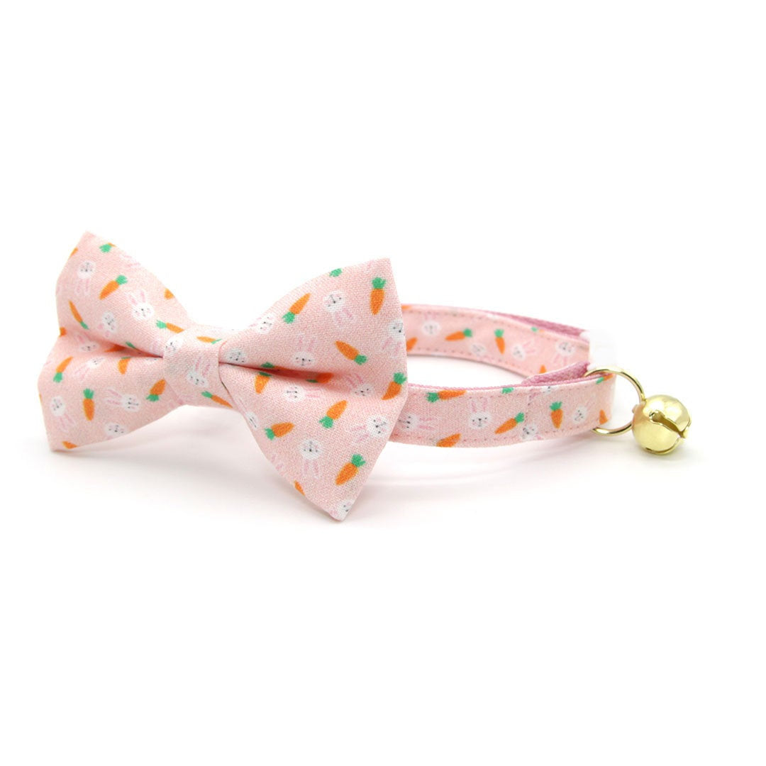 Bow Tie Cat Collar Set - "Bunnies & Carrots Pink" - Light Pink Bunny Cat Collar w/ Matching Bowtie / Easter / Cat, Kitten, Small Dog Sizes