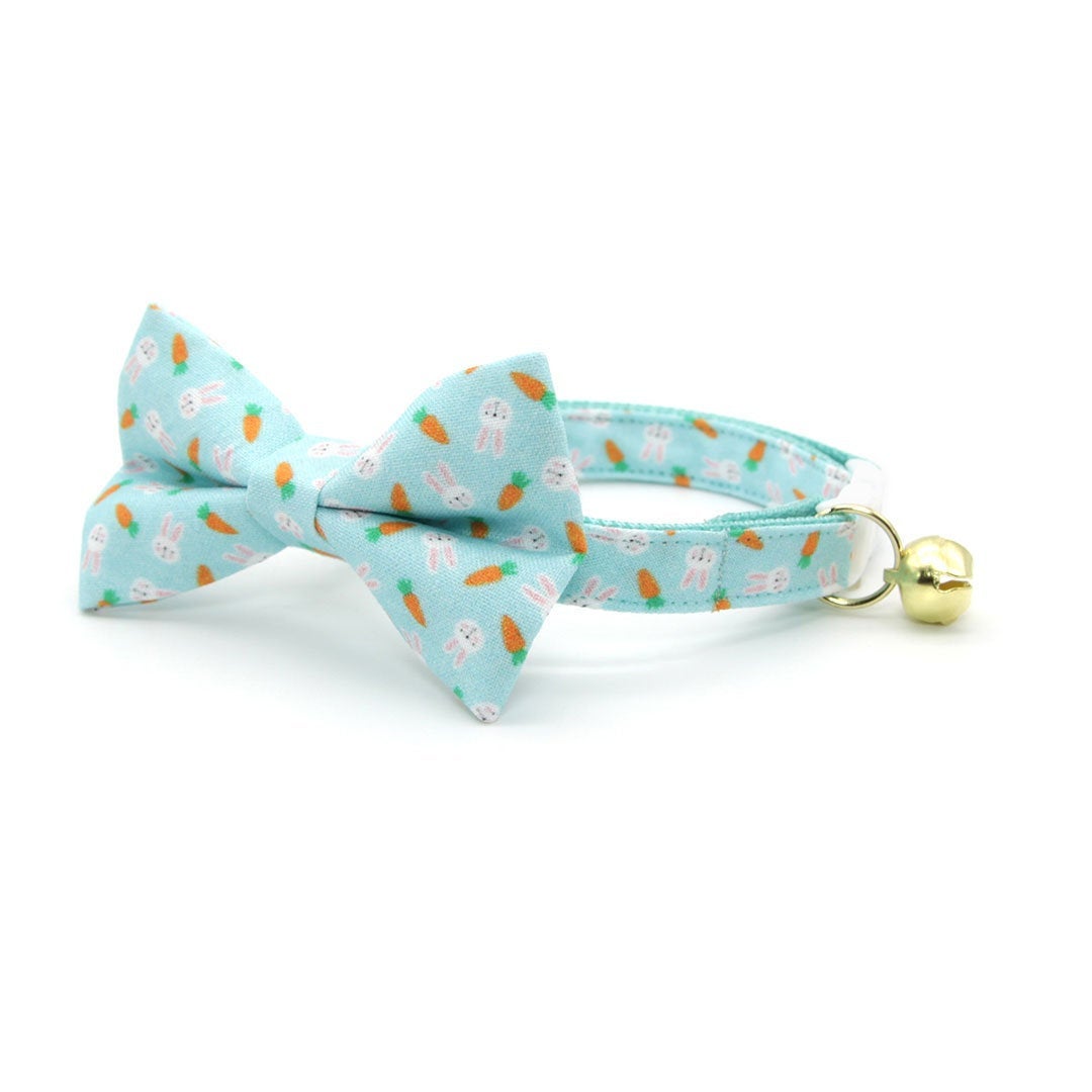 Bow Tie Cat Collar Set - "Bunnies & Carrots Blue" - Light Aqua Bunny Cat Collar w/ Matching Bowtie / Easter / Cat, Kitten, Small Dog Sizes