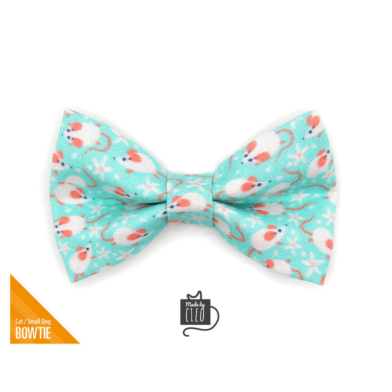 Pet Bow Tie - "Mouse Mayhem - Mint Aqua" - Mice on Mint Bow Tie for Cat / For Cats + Small Dogs (One Size)