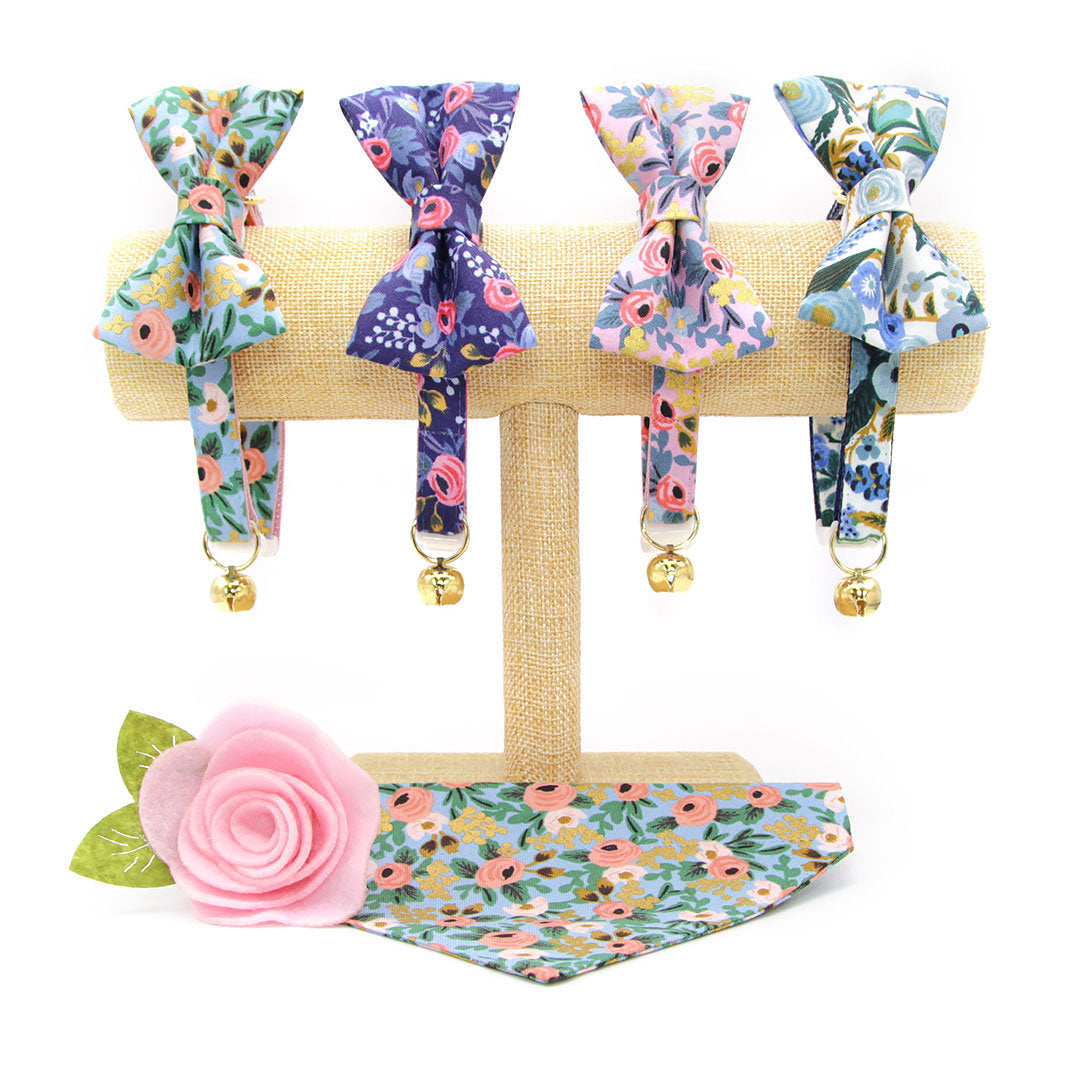 Rifle Paper Co® Bow Tie Cat Collar Set - "Indigo Garden" - Blue Floral Cat Collar w/ Matching Bowtie / Cat, Kitten, Small Dog Sizes