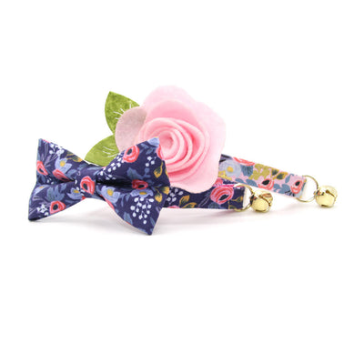 Rifle Paper Co® Bow Tie Cat Collar Set - "Daphne" - Pink Roses on Navy Floral Cat Collar w/ Matching Bowtie / Cat, Kitten, Small Dog Sizes