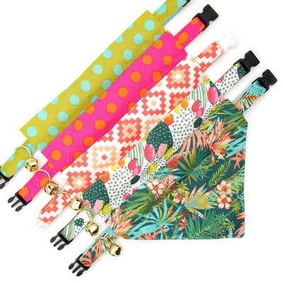 Cat Collar + Flower Set - "Tropicalia" - Palm Leaves Tropical Cat Collar w/ Mint Felt Flower (Detachable)
