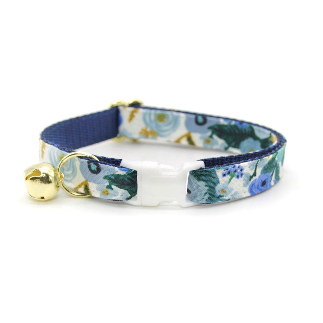 Rifle Paper Co® Cat Collar + Flower Set - "Indigo Garden" - Blue Floral Cat Collar w/ Sky Blue Felt Flower (Detachable)