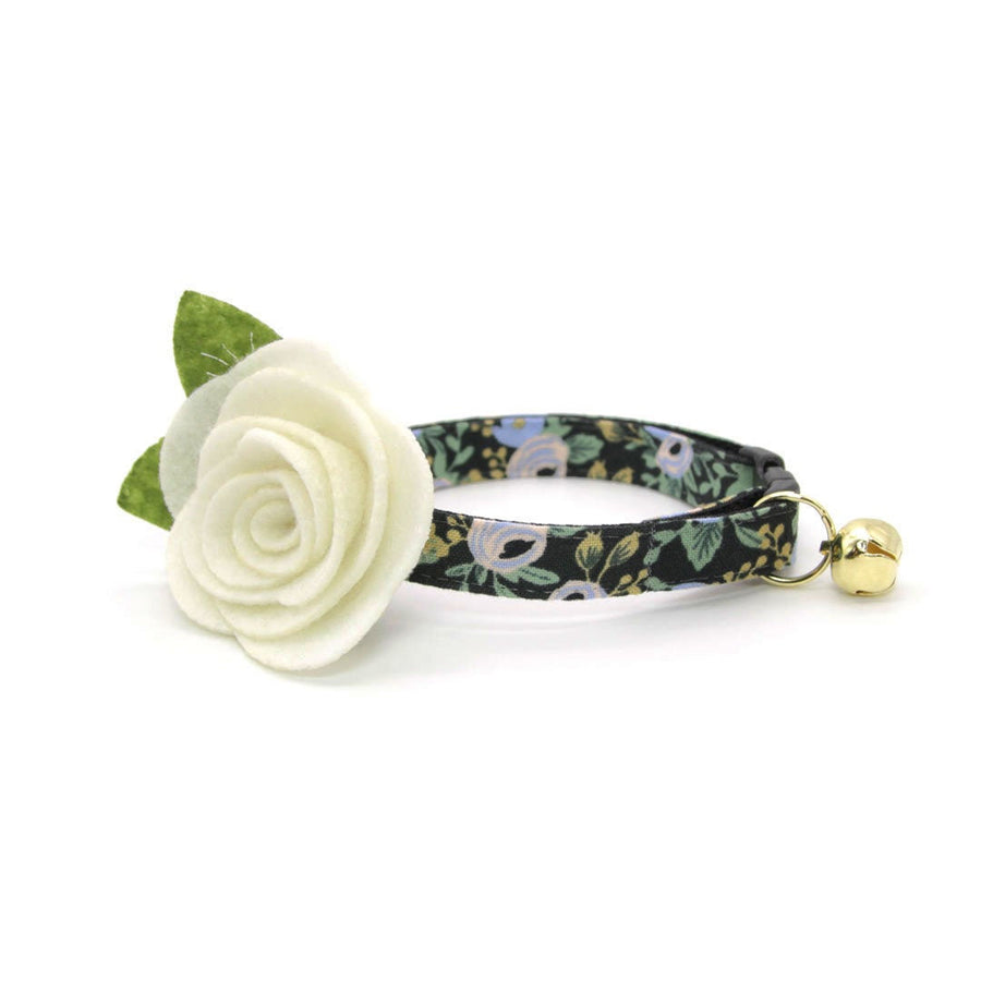 Rifle Paper Co® Cat Collar + Flower Set - "Belladonna" - Black Floral Cat Collar w/ Ivory Felt Flower (Detachable)