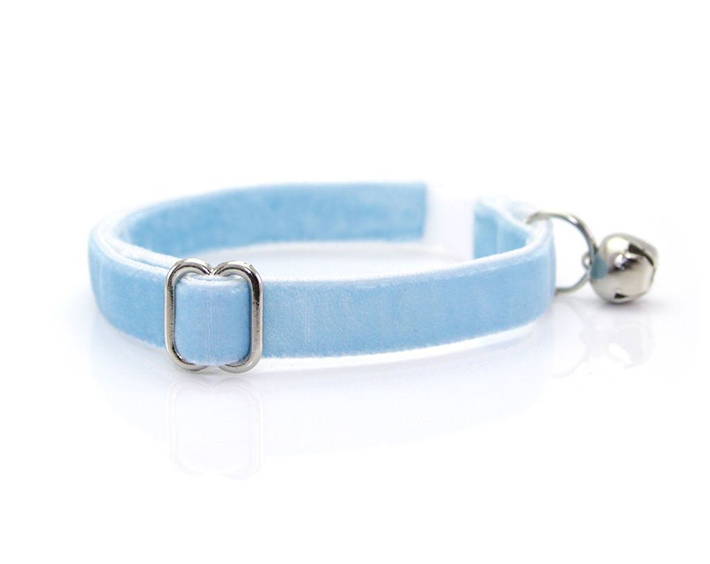 Cat Collar + Flower Set - "Velvet - Frosty Blue" - Velvet Cat Collar w/ Sky Blue Felt Flower (Detachable)