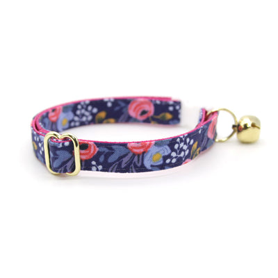 Rifle Paper Co® Cat Collar - "Daphne" - Pink Roses on Navy Floral Cat Collar / Breakaway Buckle or Non-Breakaway / Cat, Kitten + Small Dog Sizes