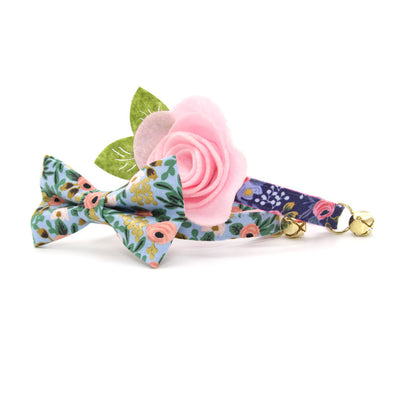 Rifle Paper Co® Cat Collar + Flower Set - "Daphne" - Pink Roses on Navy Floral Cat Collar w/ Baby Pink Felt Flower (Detachable)